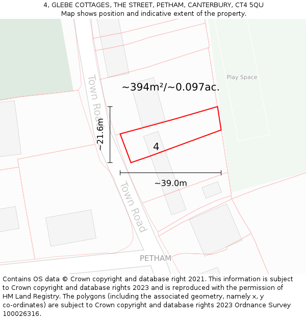 4, GLEBE COTTAGES, THE STREET, PETHAM, CANTERBURY, CT4 5QU: Plot and title map