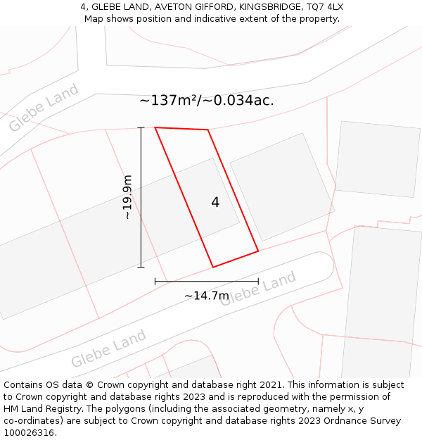 4, GLEBE LAND, AVETON GIFFORD, KINGSBRIDGE, TQ7 4LX: Plot and title map