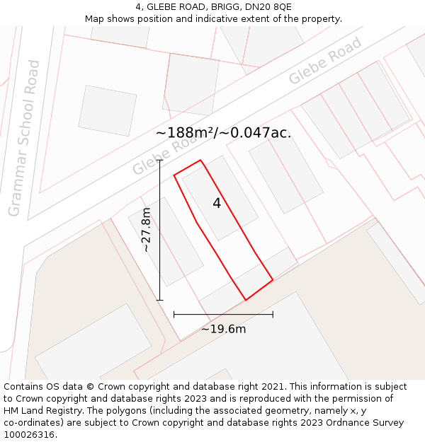 4, GLEBE ROAD, BRIGG, DN20 8QE: Plot and title map