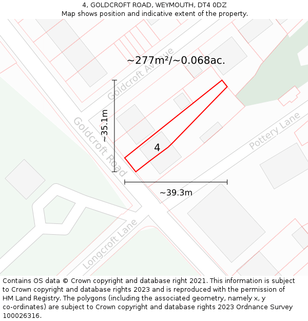 4, GOLDCROFT ROAD, WEYMOUTH, DT4 0DZ: Plot and title map