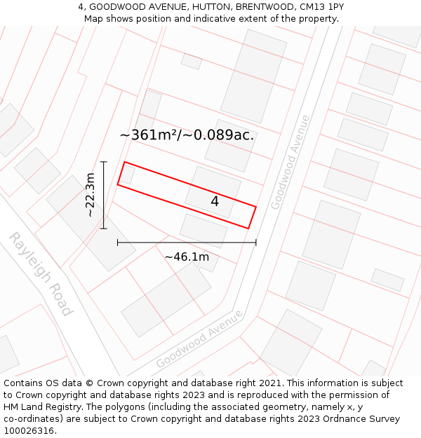 4, GOODWOOD AVENUE, HUTTON, BRENTWOOD, CM13 1PY: Plot and title map