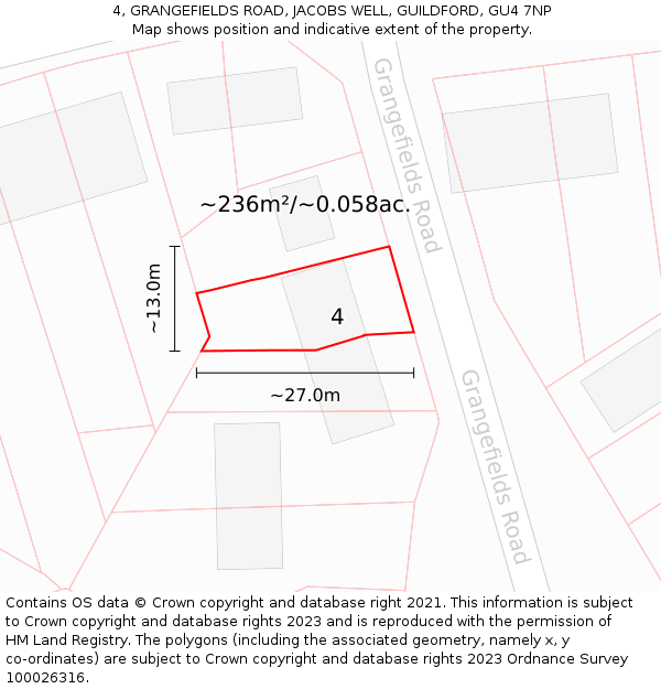 4, GRANGEFIELDS ROAD, JACOBS WELL, GUILDFORD, GU4 7NP: Plot and title map