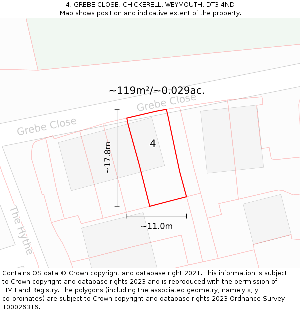 4, GREBE CLOSE, CHICKERELL, WEYMOUTH, DT3 4ND: Plot and title map