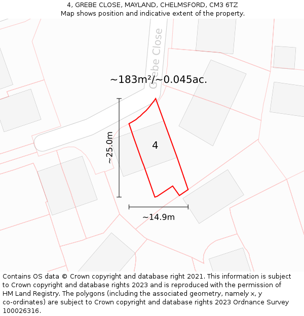 4, GREBE CLOSE, MAYLAND, CHELMSFORD, CM3 6TZ: Plot and title map