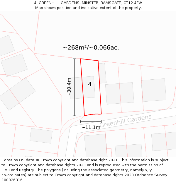 4, GREENHILL GARDENS, MINSTER, RAMSGATE, CT12 4EW: Plot and title map