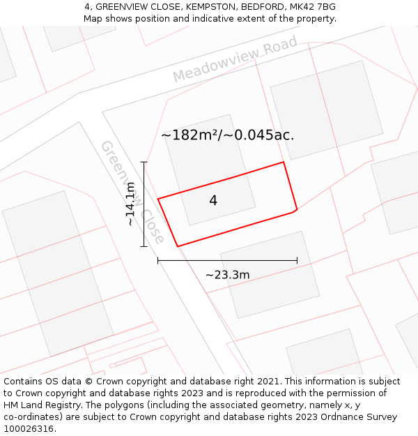 4, GREENVIEW CLOSE, KEMPSTON, BEDFORD, MK42 7BG: Plot and title map