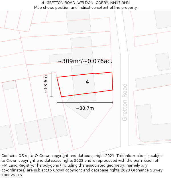 4, GRETTON ROAD, WELDON, CORBY, NN17 3HN: Plot and title map