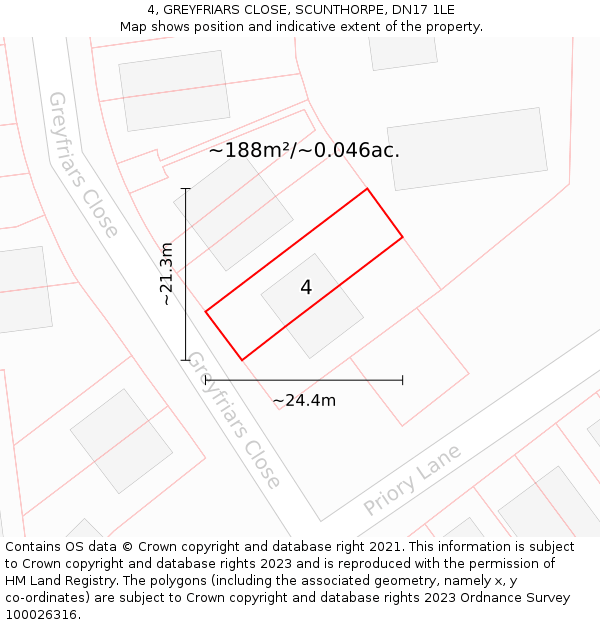 4, GREYFRIARS CLOSE, SCUNTHORPE, DN17 1LE: Plot and title map