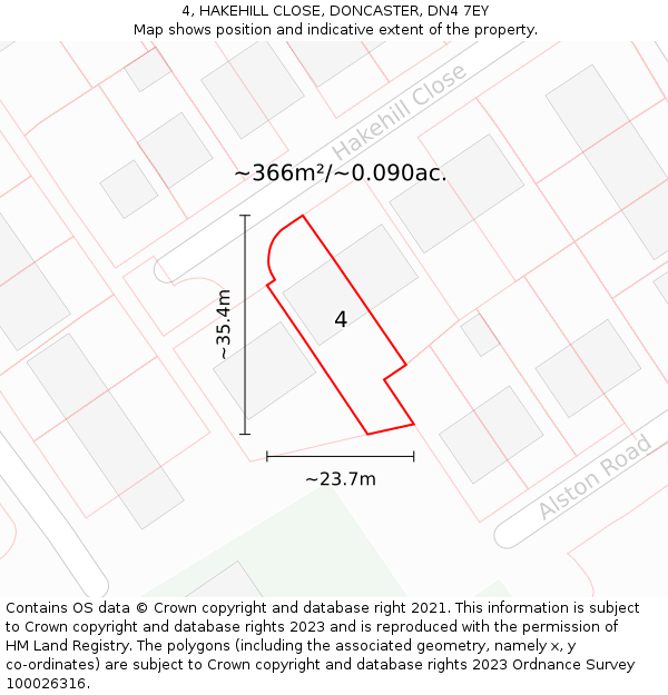 4, HAKEHILL CLOSE, DONCASTER, DN4 7EY: Plot and title map