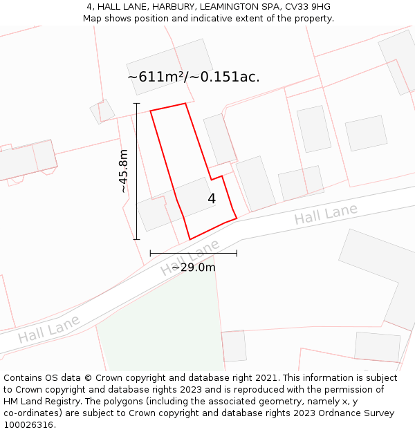 4, HALL LANE, HARBURY, LEAMINGTON SPA, CV33 9HG: Plot and title map