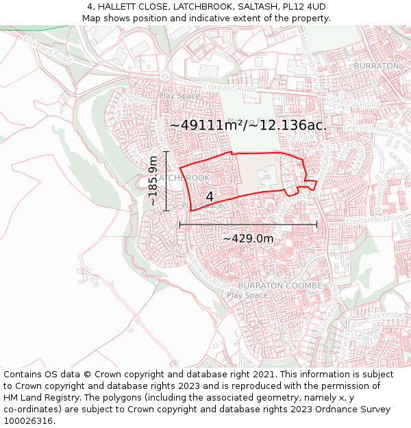 4, HALLETT CLOSE, LATCHBROOK, SALTASH, PL12 4UD: Plot and title map