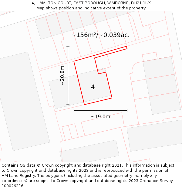 4, HAMILTON COURT, EAST BOROUGH, WIMBORNE, BH21 1UX: Plot and title map