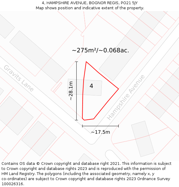 4, HAMPSHIRE AVENUE, BOGNOR REGIS, PO21 5JY: Plot and title map