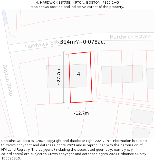 4, HARDWICK ESTATE, KIRTON, BOSTON, PE20 1HG: Plot and title map