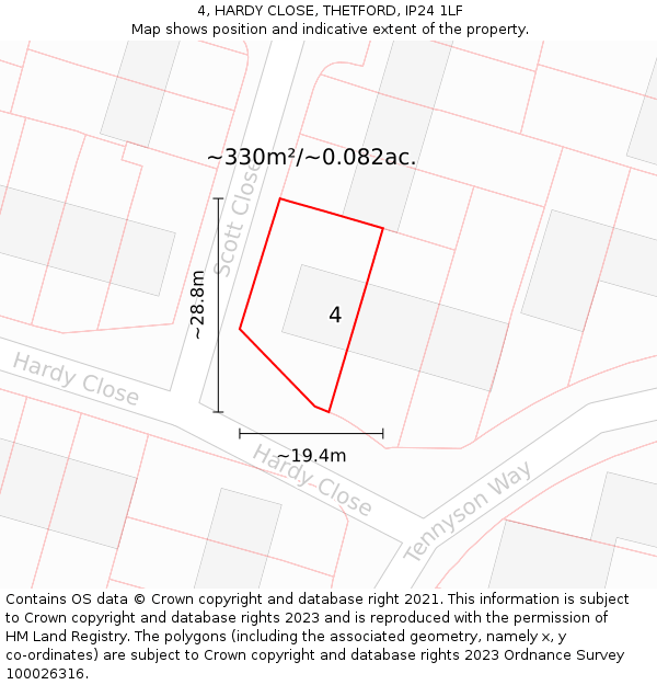 4, HARDY CLOSE, THETFORD, IP24 1LF: Plot and title map