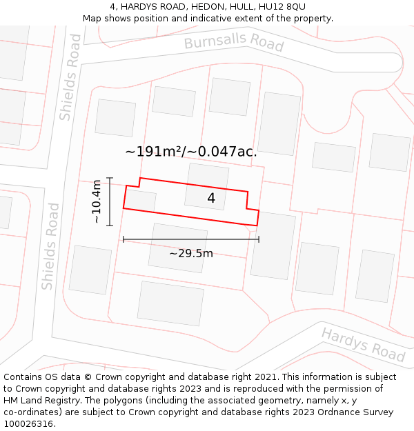 4, HARDYS ROAD, HEDON, HULL, HU12 8QU: Plot and title map