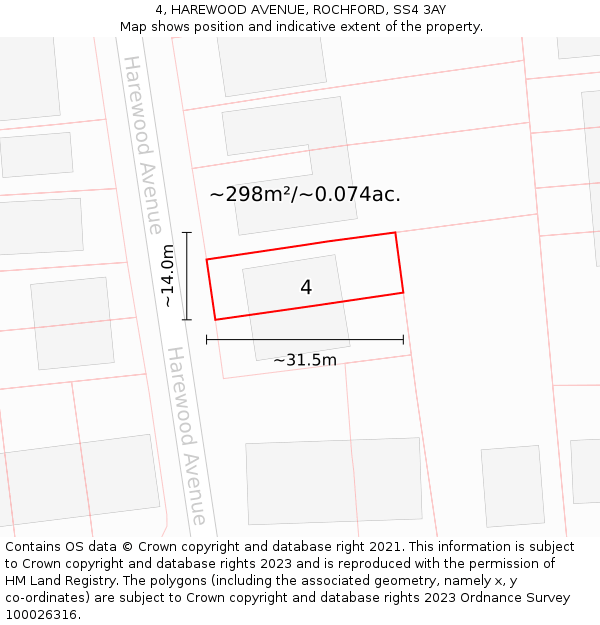 4, HAREWOOD AVENUE, ROCHFORD, SS4 3AY: Plot and title map