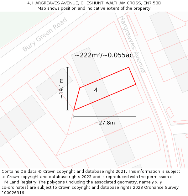 4, HARGREAVES AVENUE, CHESHUNT, WALTHAM CROSS, EN7 5BD: Plot and title map