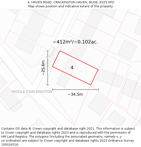 4, HAVEN ROAD, CRACKINGTON HAVEN, BUDE, EX23 0PD: Plot and title map