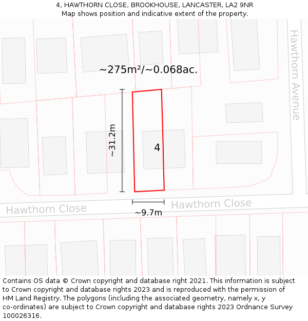 4, HAWTHORN CLOSE, BROOKHOUSE, LANCASTER, LA2 9NR: Plot and title map