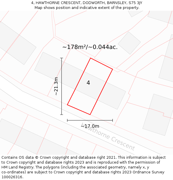 4, HAWTHORNE CRESCENT, DODWORTH, BARNSLEY, S75 3JY: Plot and title map