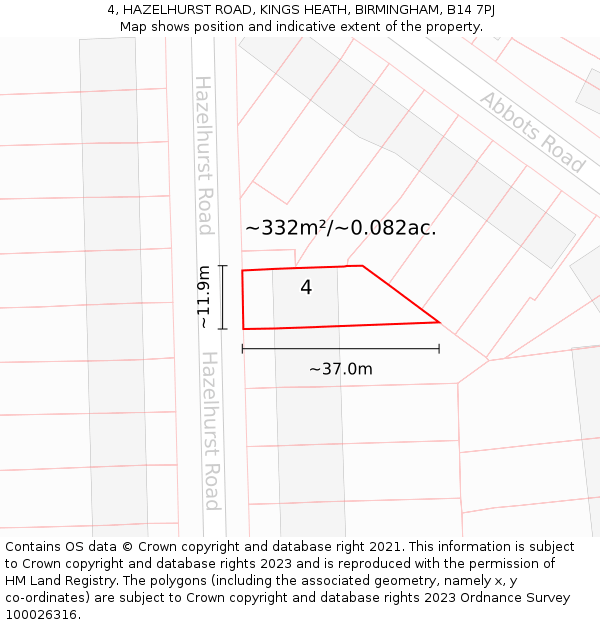 4, HAZELHURST ROAD, KINGS HEATH, BIRMINGHAM, B14 7PJ: Plot and title map