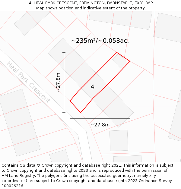 4, HEAL PARK CRESCENT, FREMINGTON, BARNSTAPLE, EX31 3AP: Plot and title map