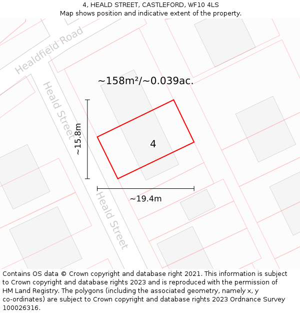 4, HEALD STREET, CASTLEFORD, WF10 4LS: Plot and title map