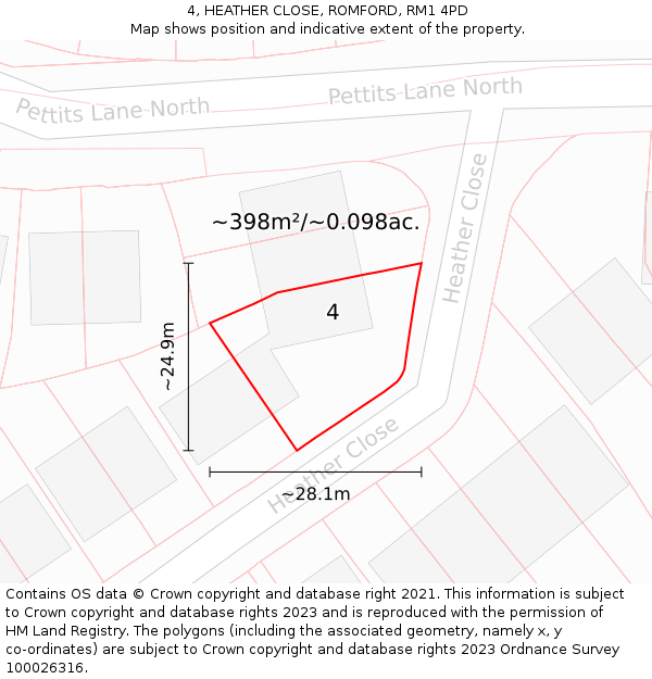 4, HEATHER CLOSE, ROMFORD, RM1 4PD: Plot and title map