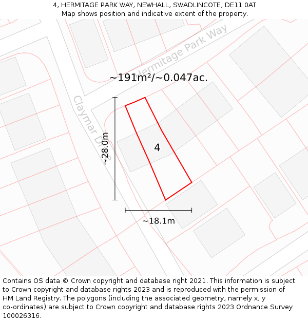 4, HERMITAGE PARK WAY, NEWHALL, SWADLINCOTE, DE11 0AT: Plot and title map