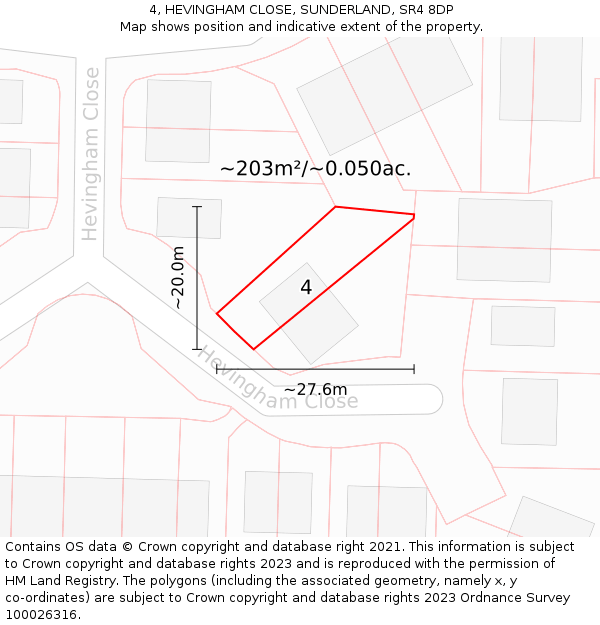 4, HEVINGHAM CLOSE, SUNDERLAND, SR4 8DP: Plot and title map