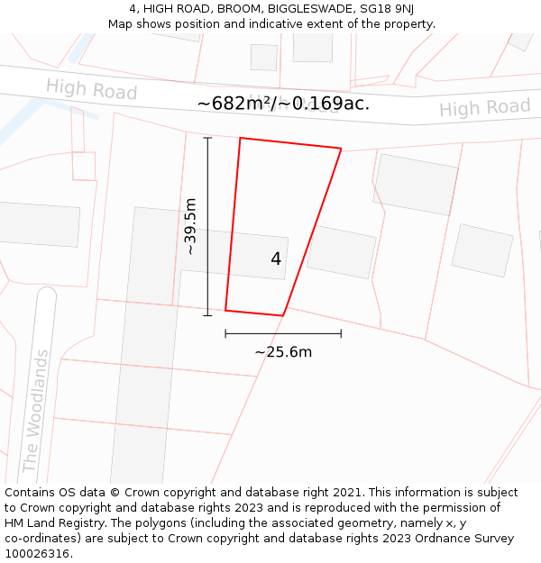 4, HIGH ROAD, BROOM, BIGGLESWADE, SG18 9NJ: Plot and title map