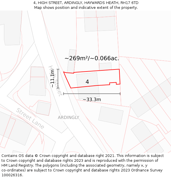 4, HIGH STREET, ARDINGLY, HAYWARDS HEATH, RH17 6TD: Plot and title map