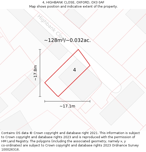 4, HIGHBANK CLOSE, OXFORD, OX3 0AF: Plot and title map