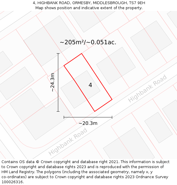 4, HIGHBANK ROAD, ORMESBY, MIDDLESBROUGH, TS7 9EH: Plot and title map