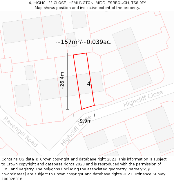 4, HIGHCLIFF CLOSE, HEMLINGTON, MIDDLESBROUGH, TS8 9FY: Plot and title map