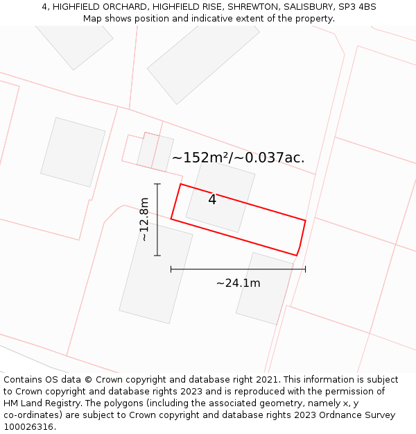 4, HIGHFIELD ORCHARD, HIGHFIELD RISE, SHREWTON, SALISBURY, SP3 4BS: Plot and title map