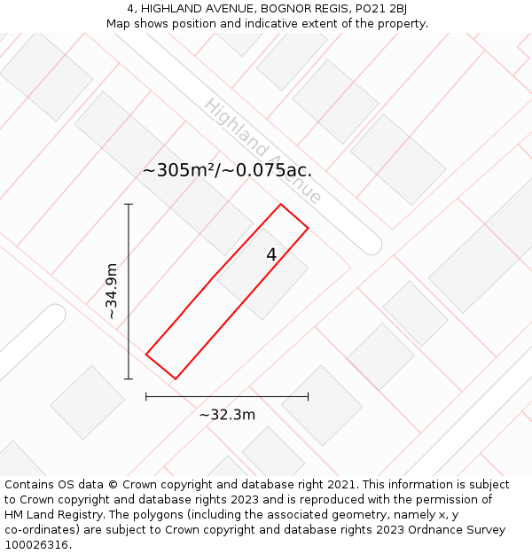 4, HIGHLAND AVENUE, BOGNOR REGIS, PO21 2BJ: Plot and title map