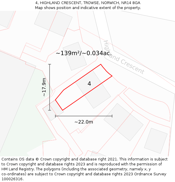 4, HIGHLAND CRESCENT, TROWSE, NORWICH, NR14 8GA: Plot and title map