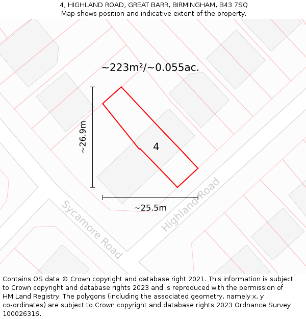 4, HIGHLAND ROAD, GREAT BARR, BIRMINGHAM, B43 7SQ: Plot and title map