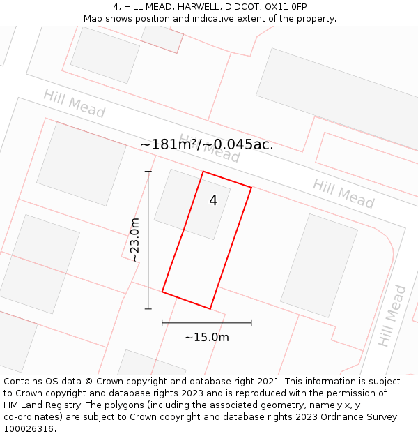 4, HILL MEAD, HARWELL, DIDCOT, OX11 0FP: Plot and title map