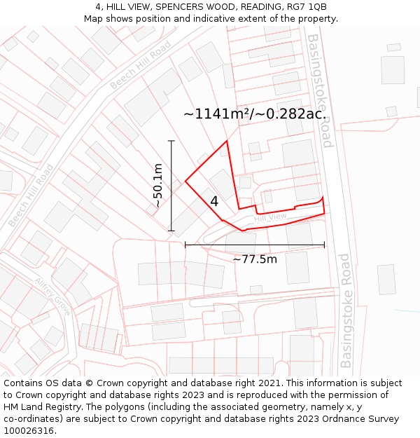 4, HILL VIEW, SPENCERS WOOD, READING, RG7 1QB: Plot and title map