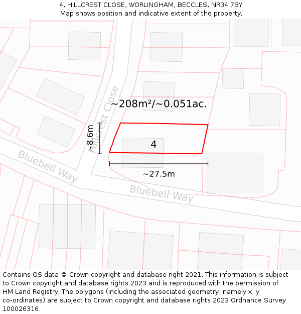 4, HILLCREST CLOSE, WORLINGHAM, BECCLES, NR34 7BY: Plot and title map