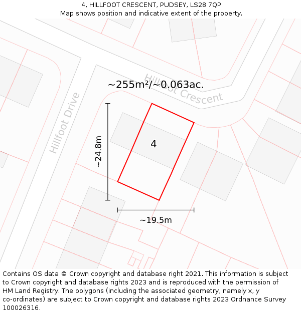 4, HILLFOOT CRESCENT, PUDSEY, LS28 7QP: Plot and title map