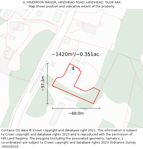 4, HINDMOOR MANOR, HINDHEAD ROAD, HINDHEAD, GU26 6AX: Plot and title map