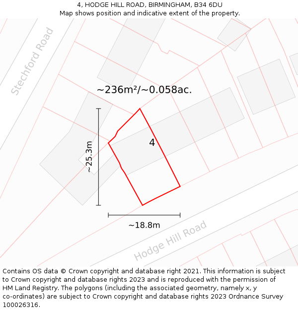 4, HODGE HILL ROAD, BIRMINGHAM, B34 6DU: Plot and title map