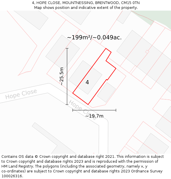 4, HOPE CLOSE, MOUNTNESSING, BRENTWOOD, CM15 0TN: Plot and title map