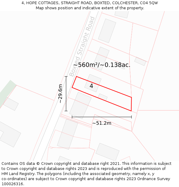 4, HOPE COTTAGES, STRAIGHT ROAD, BOXTED, COLCHESTER, CO4 5QW: Plot and title map