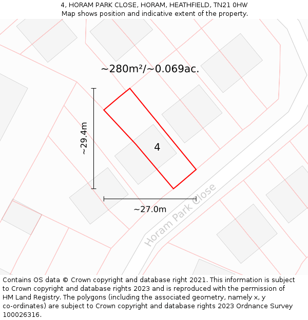 4, HORAM PARK CLOSE, HORAM, HEATHFIELD, TN21 0HW: Plot and title map