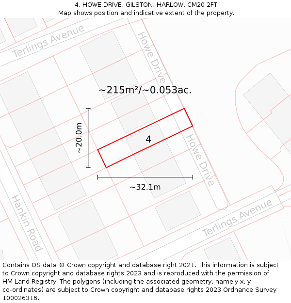 4, HOWE DRIVE, GILSTON, HARLOW, CM20 2FT: Plot and title map